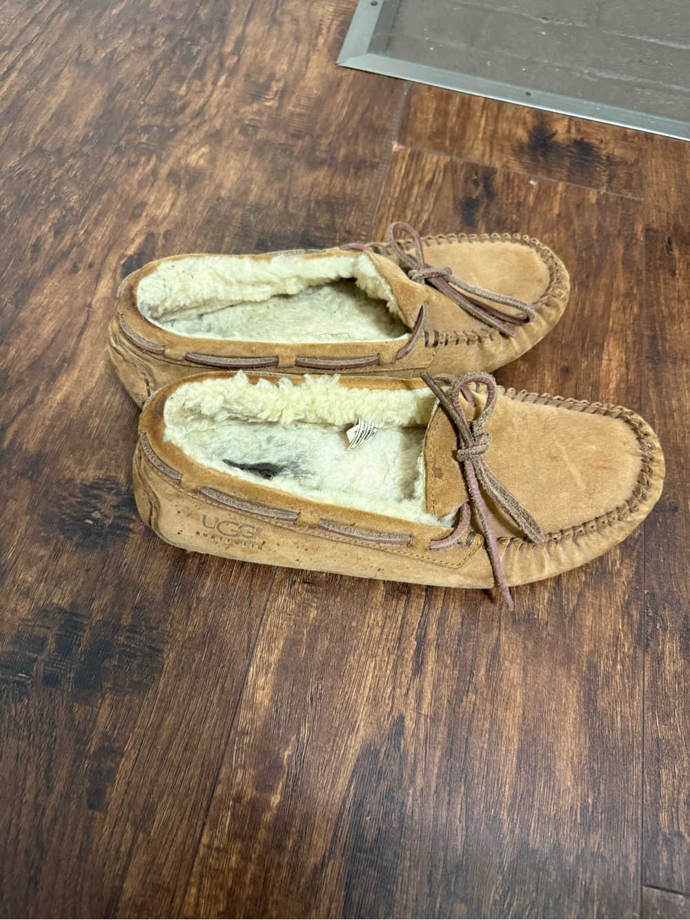 UGG Women’s Chestnut Suede Moccasin Slippers with Shearling Trim